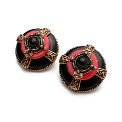 Boucles d'oreilles vintage rondes noires et rouges ornées d'une agate noire centrale et de détails dorés