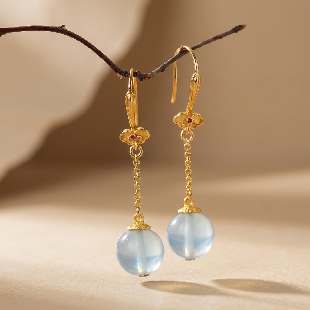 Boucles d'Oreilles Aigue Marine "Océan d'Or" Argent Doré Or @main
