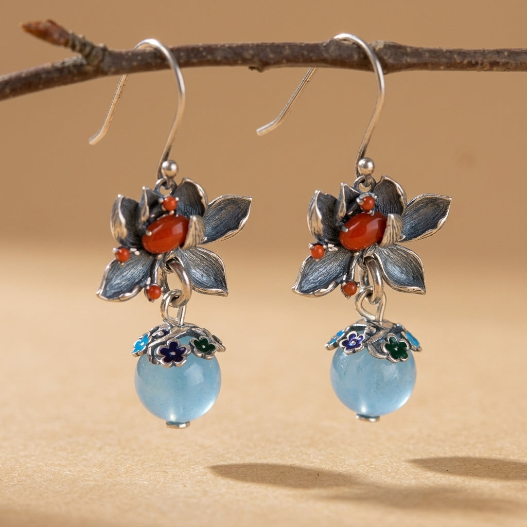 Boucles d'Oreilles Aigue Marine Lotus "Floraison Bleue" Argent @main
