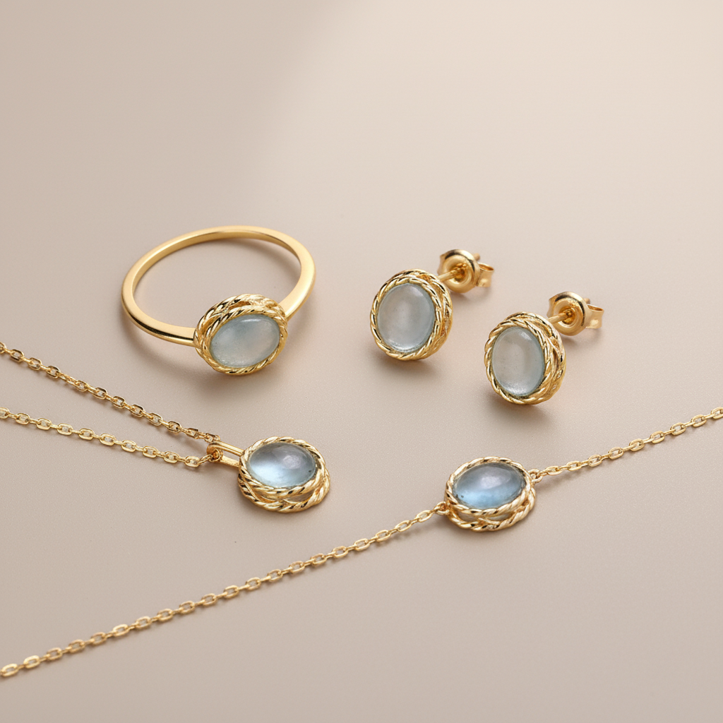 Aquamarine or Labradorite Earrings "Marine Charm" Gold-Plated Silver