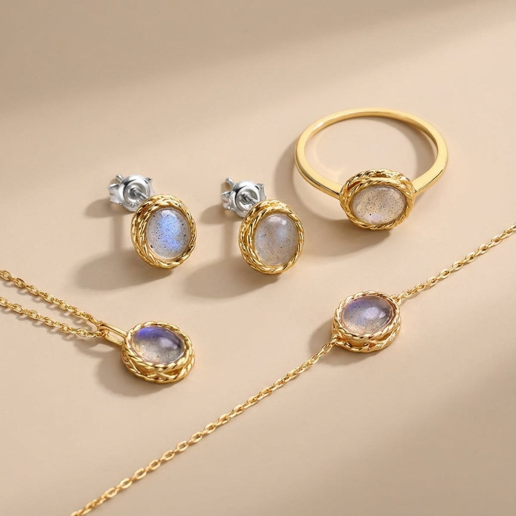 Aquamarine or Labradorite Earrings "Marine Charm" Gold-Plated Silver