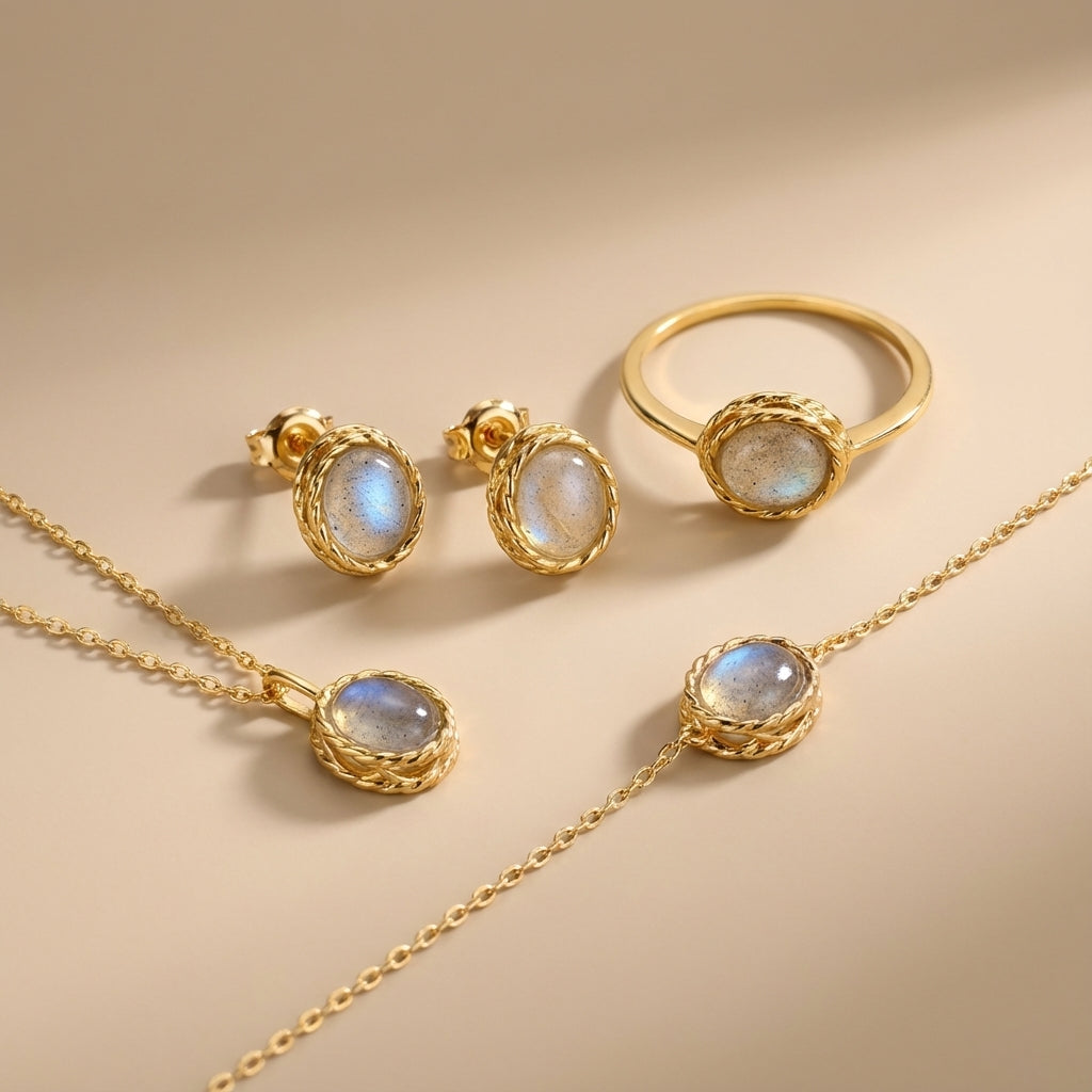 Aquamarine or Labradorite Ring "Marine Charm" Gold-Plated Silver