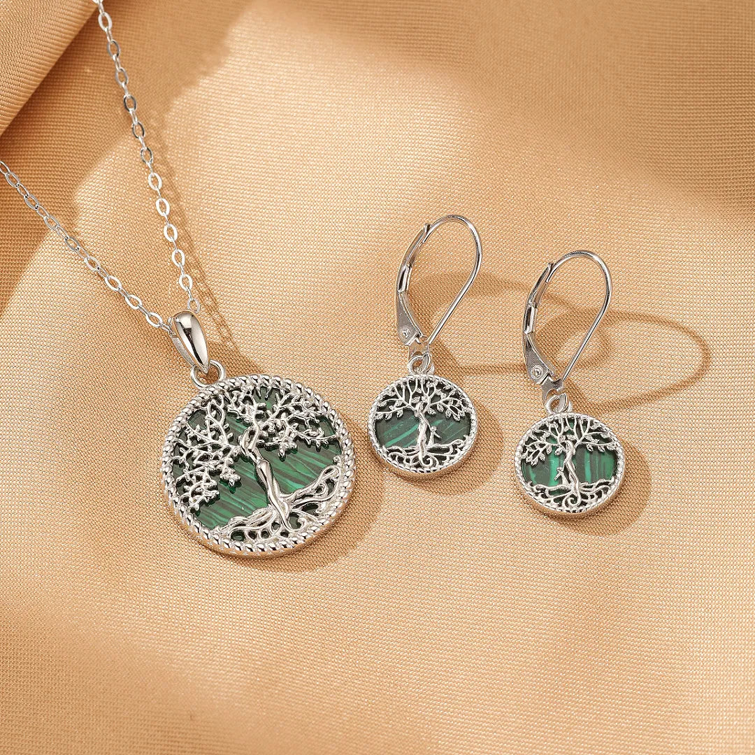 Ensemble de collier et boucles d'oreilles Arbre de Vie "Racines d'Équilibre" en argent avec malachite verte