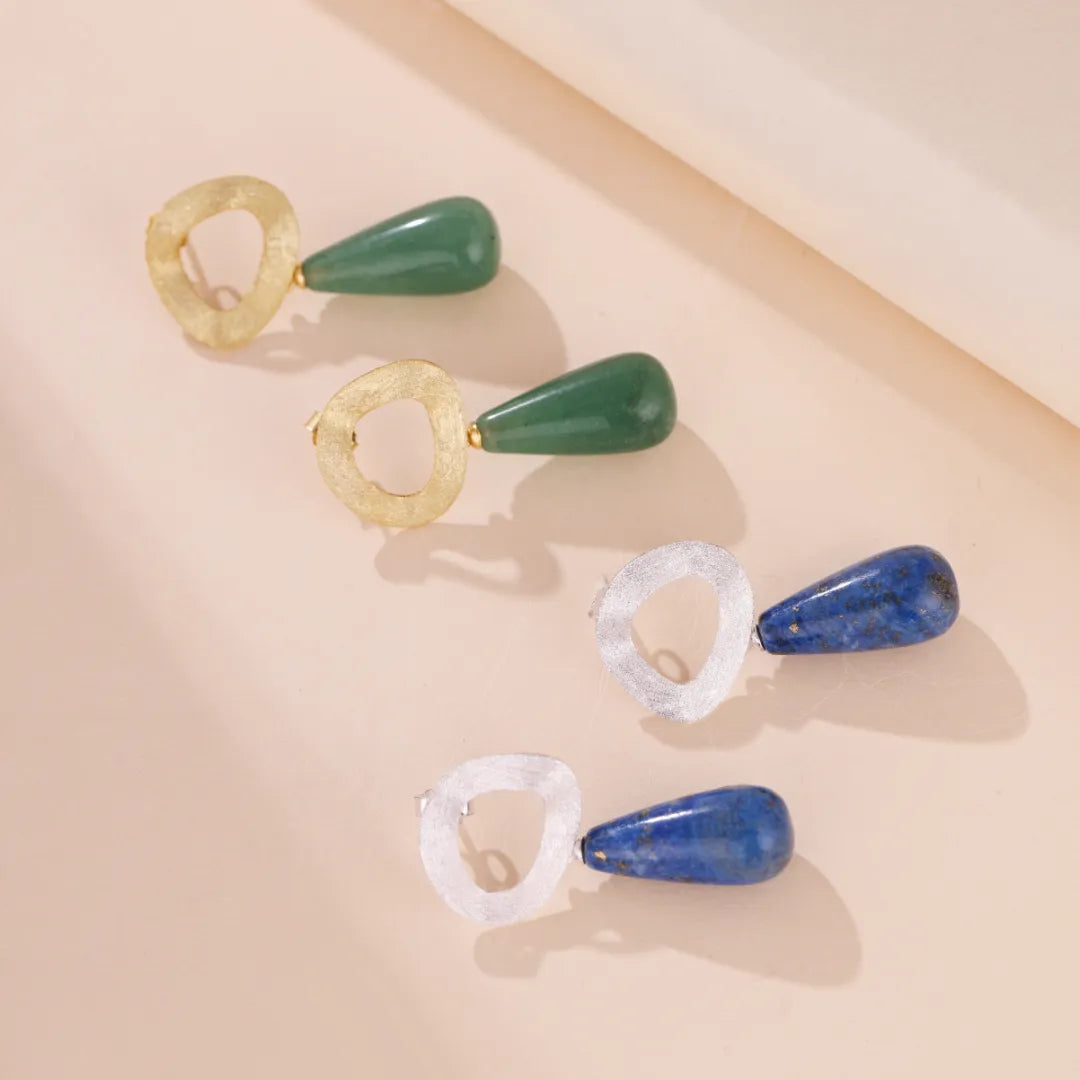 Aventurine and Lapis Lazuli Earrings "Charm Drop" Gold-Plated Silver