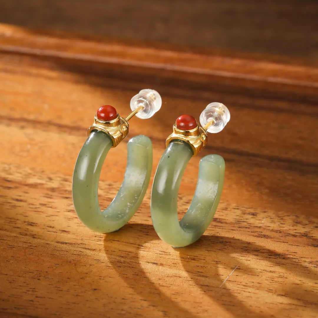 Hoop Earrings Jade and Agate "Soothing Circle" Gold-Plated Silver