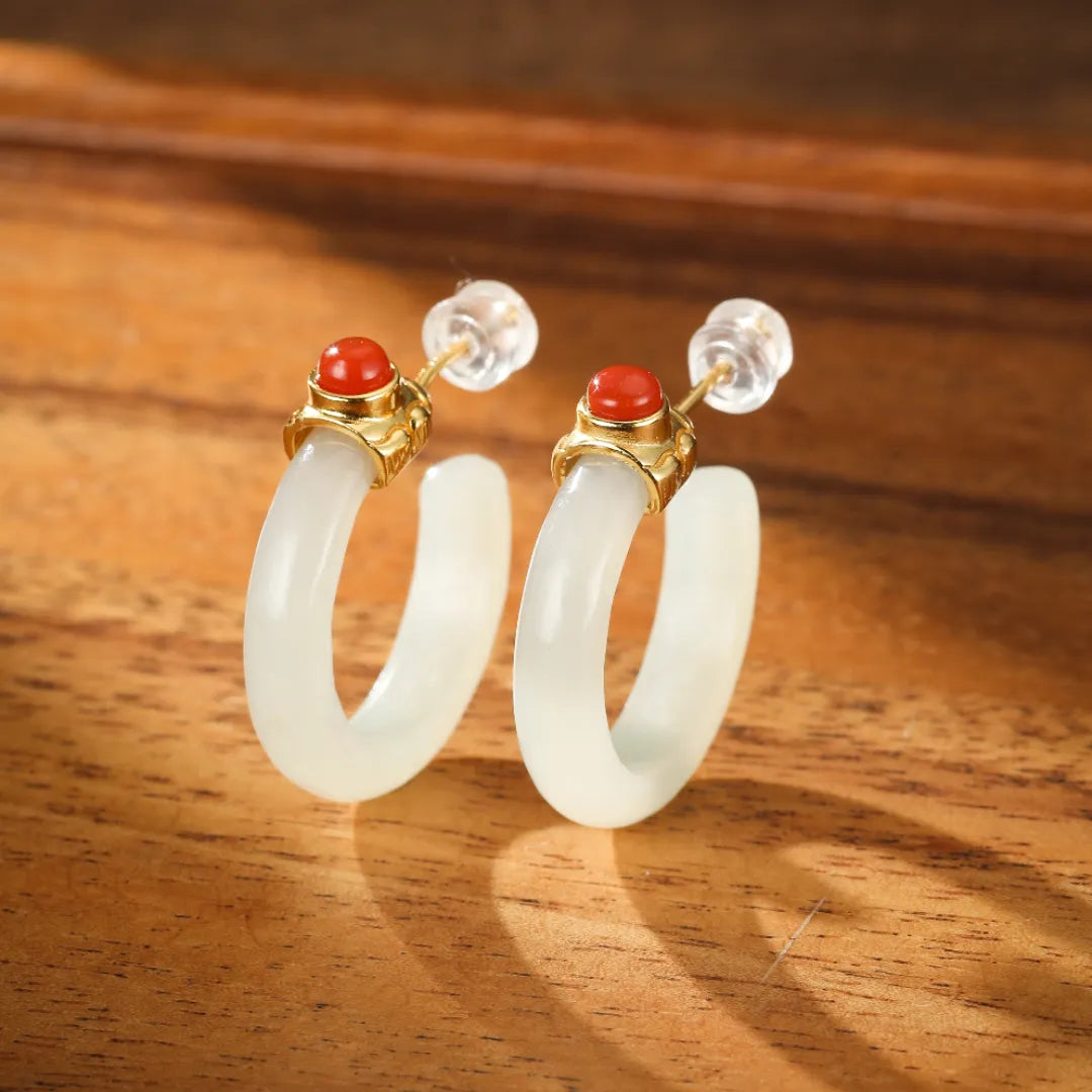 Hoop Earrings Jade and Agate "Soothing Circle" Gold-Plated Silver