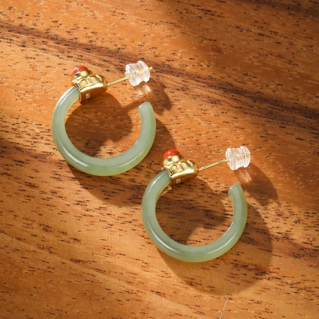 Hoop Earrings Jade and Agate "Soothing Circle" Gold-Plated Silver