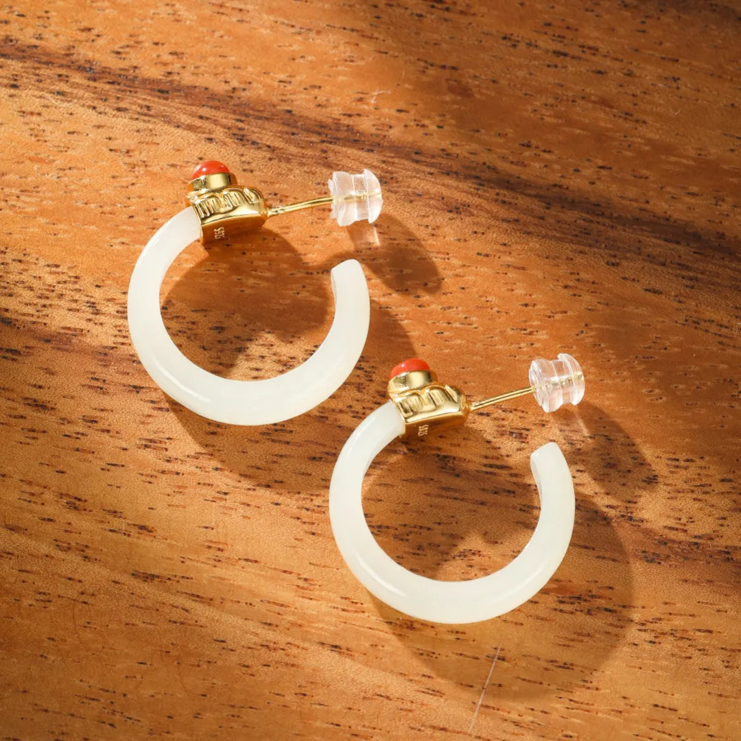 Hoop Earrings Jade and Agate "Soothing Circle" Gold-Plated Silver