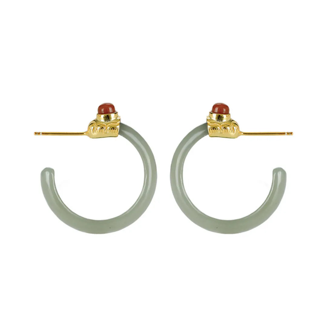 Hoop Earrings Jade and Agate "Soothing Circle" Gold-Plated Silver