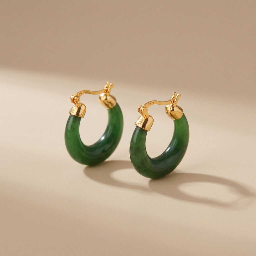 Boucles d'Oreilles Créoles Jade "Précieuse" Argent Doré Or @main