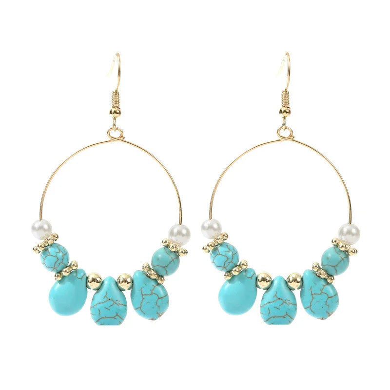 Turquoise and Pearl Hoop Earrings "Golden Peace"