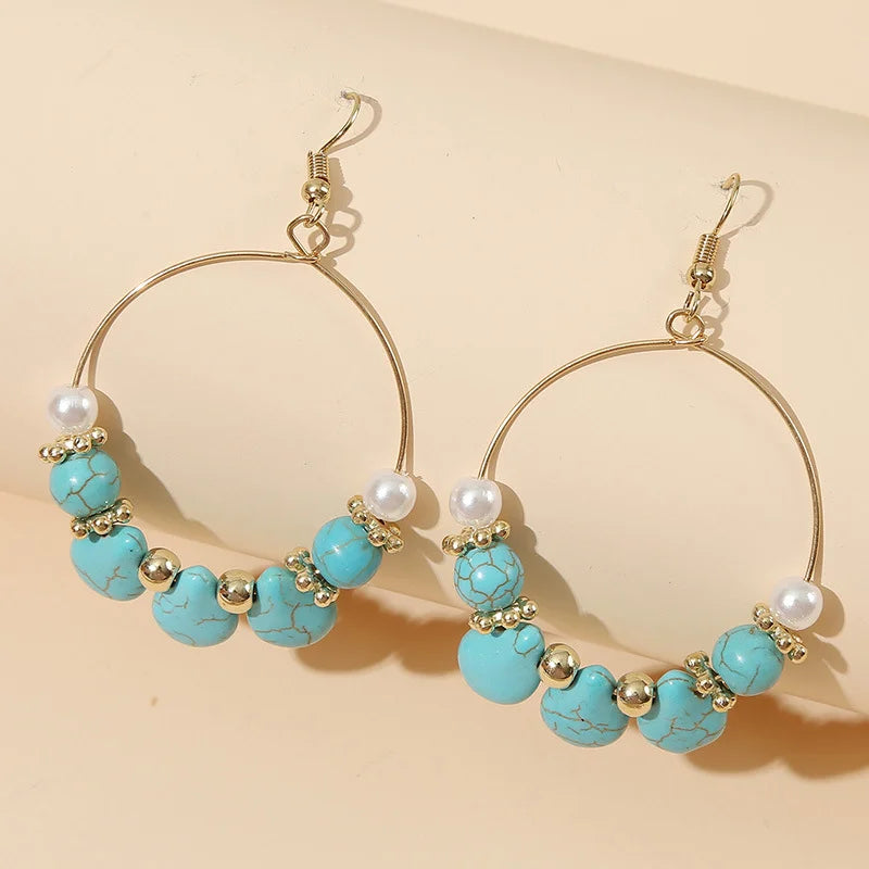 Turquoise and Pearl Hoop Earrings "Golden Peace"