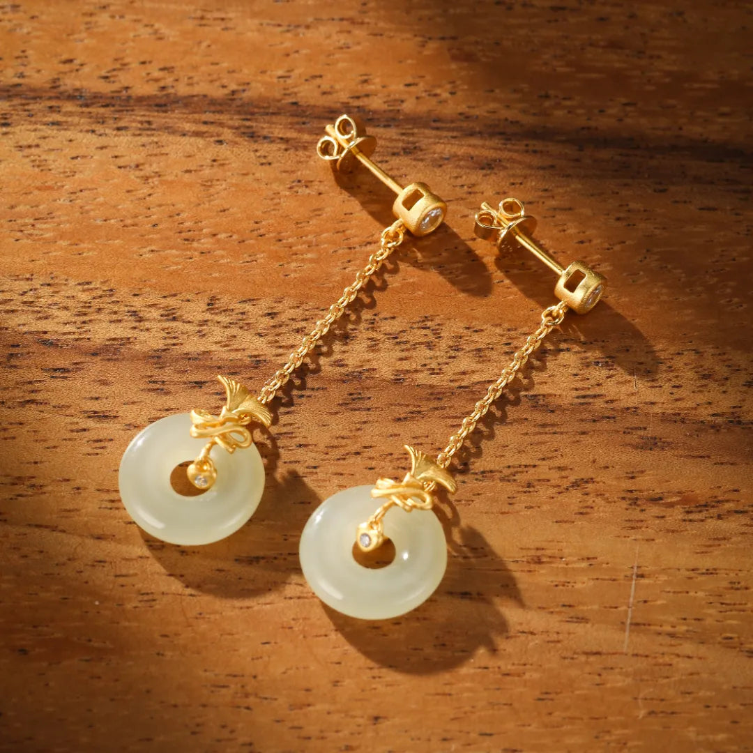 Ginkgo White Jade Earrings "Dance of Eternity" Gold-Plated Silver