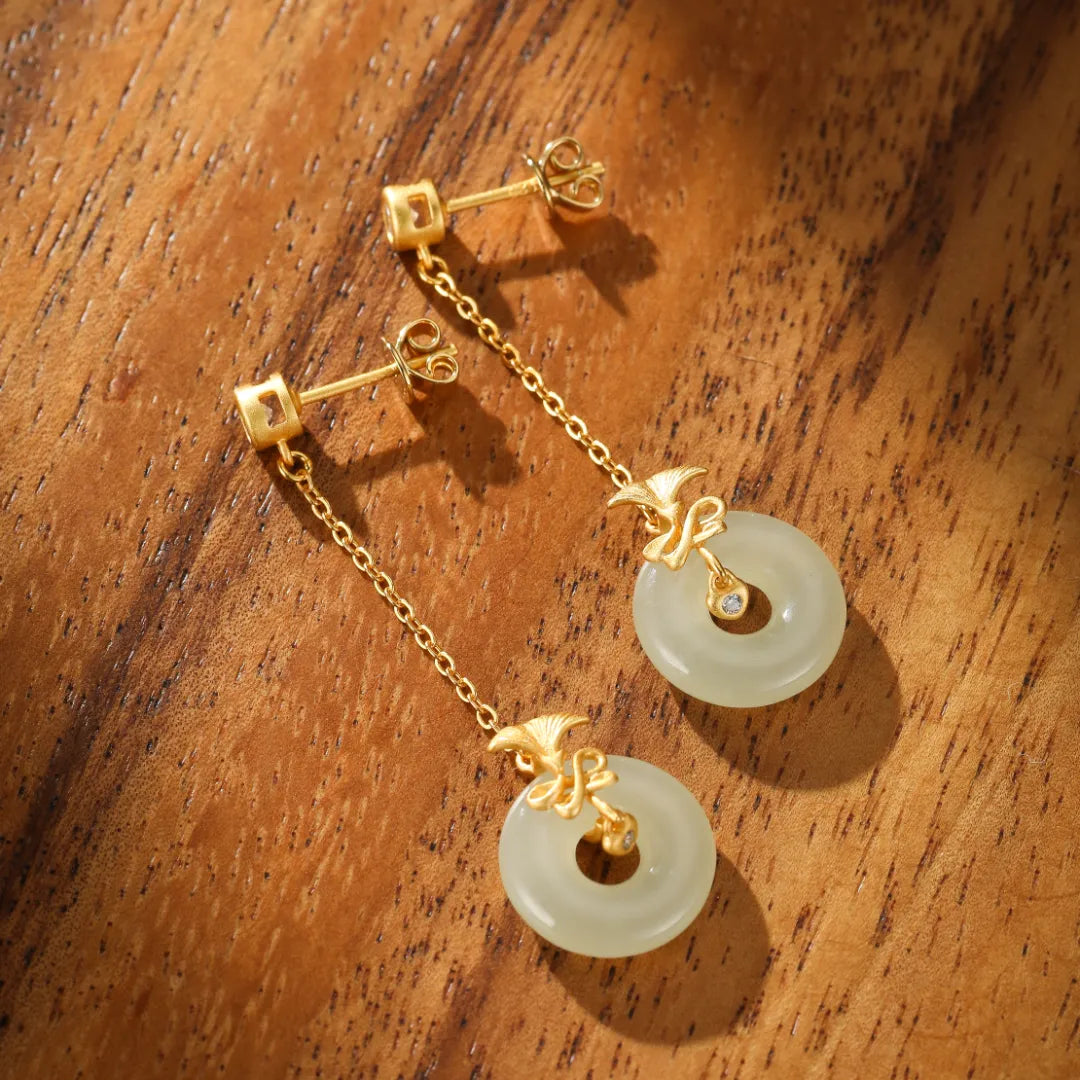 Ginkgo White Jade Earrings "Dance of Eternity" Gold-Plated Silver