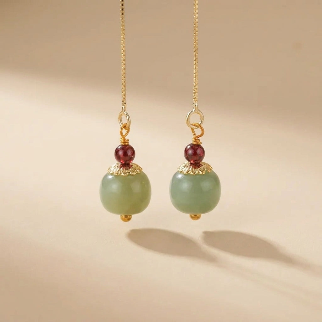 Boucles d'Oreilles Jade et Agate "Fruit d'Abondance" Argent Doré Or @main