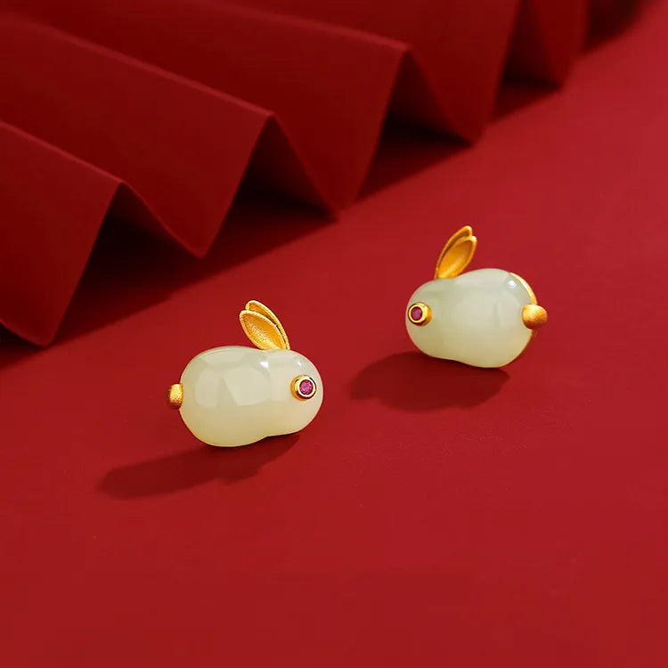 Earrings Jade "Soft Rabbit" Gold-Plated Silver