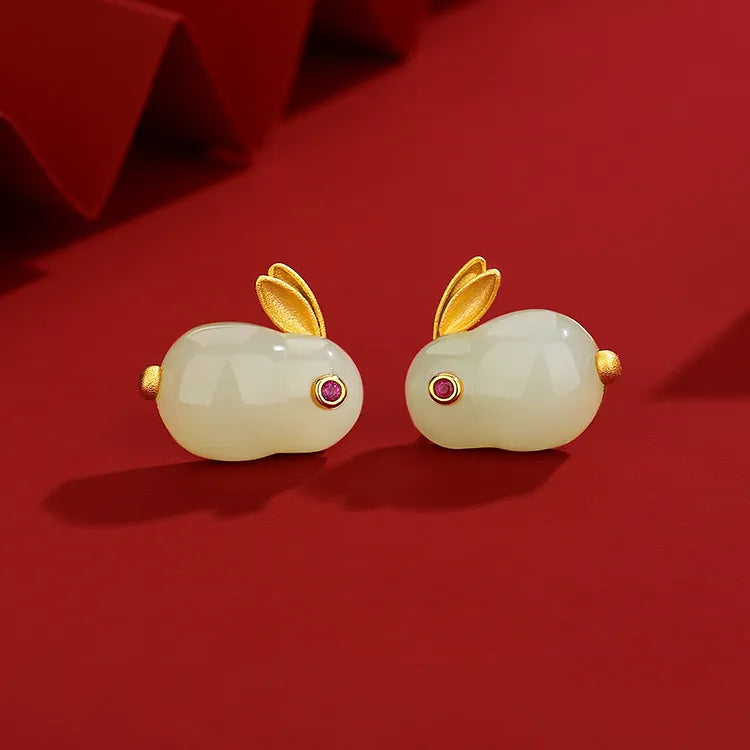 Earrings Jade "Soft Rabbit" Gold-Plated Silver