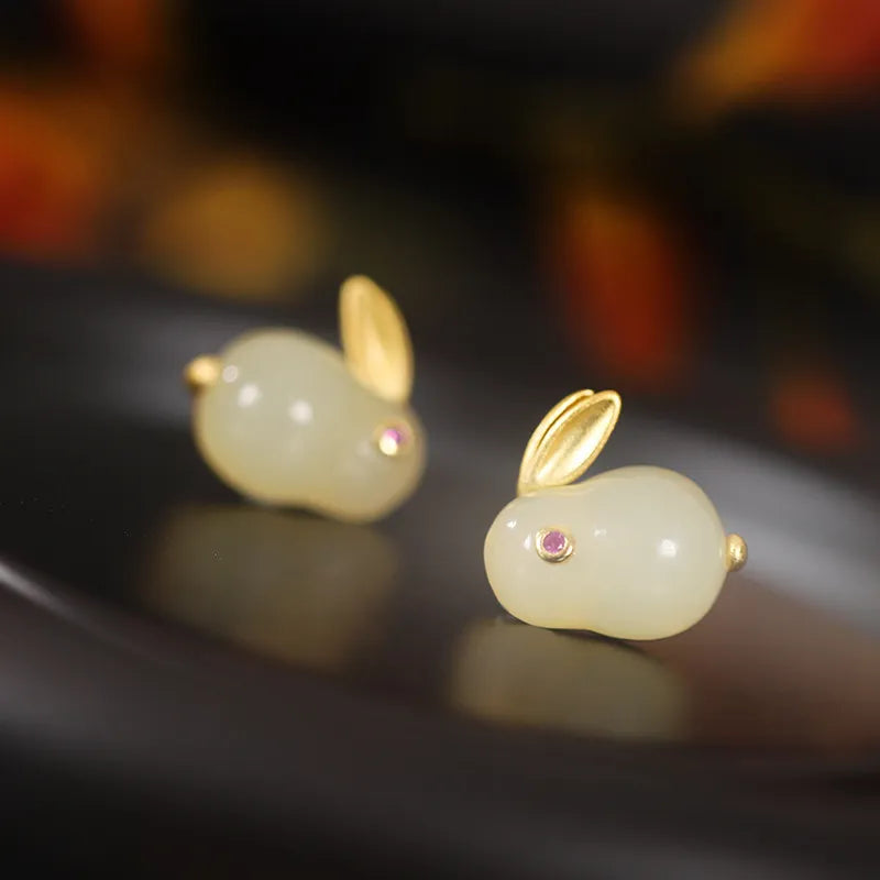 Earrings Jade "Soft Rabbit" Gold-Plated Silver