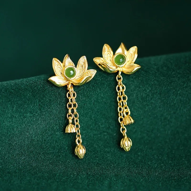 Jade Lotus Earrings "Golden Lotus" Gold-Plated Silver