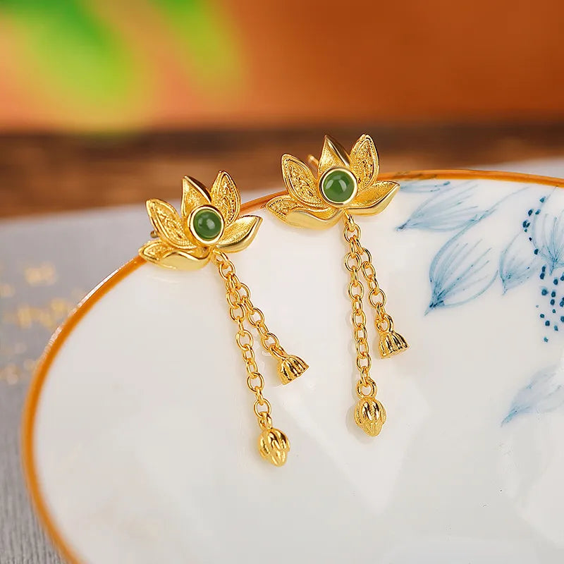 Jade Lotus Earrings "Golden Lotus" Gold-Plated Silver