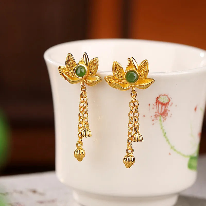 Jade Lotus Earrings "Golden Lotus" Gold-Plated Silver