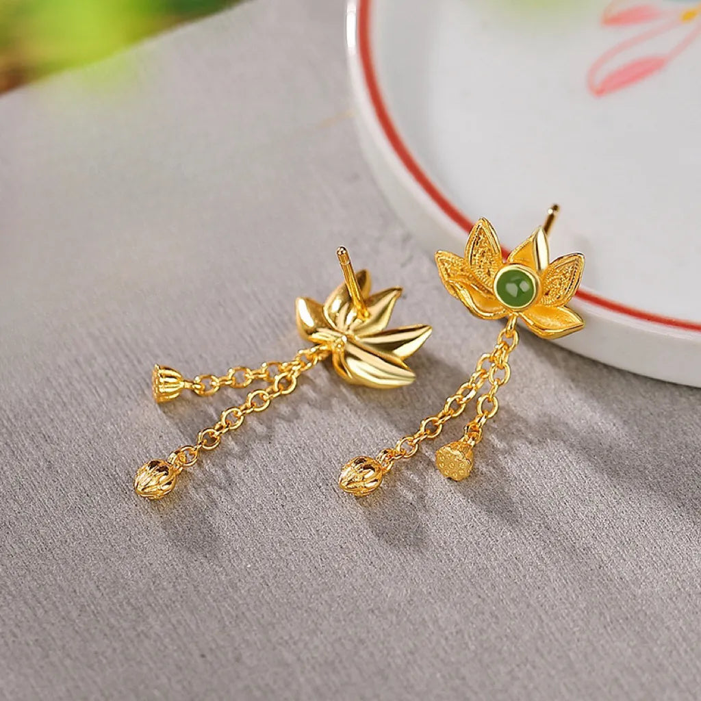 Jade Lotus Earrings "Golden Lotus" Gold-Plated Silver