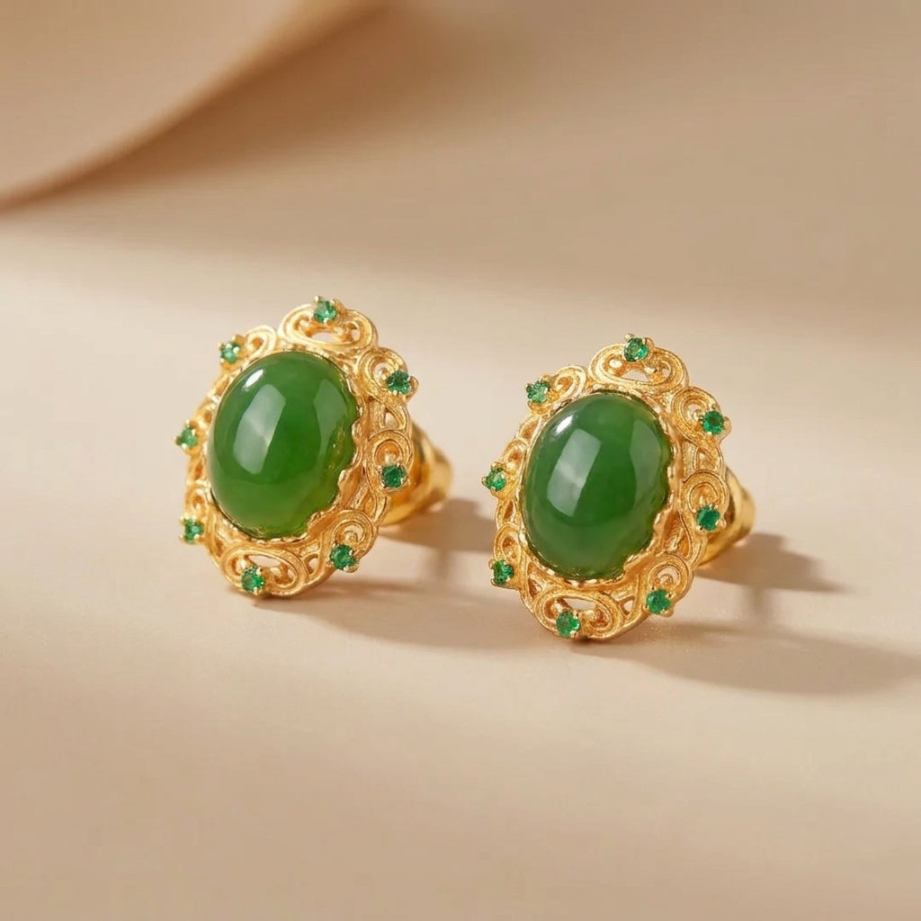 Boucles d'Oreilles Jade "Trésor Ancestral" Argent Doré Or @main