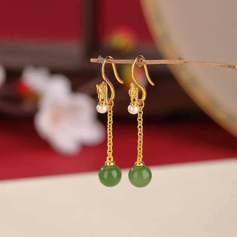 Jade Earrings "Serene Treasure" Gold-Plated Silver