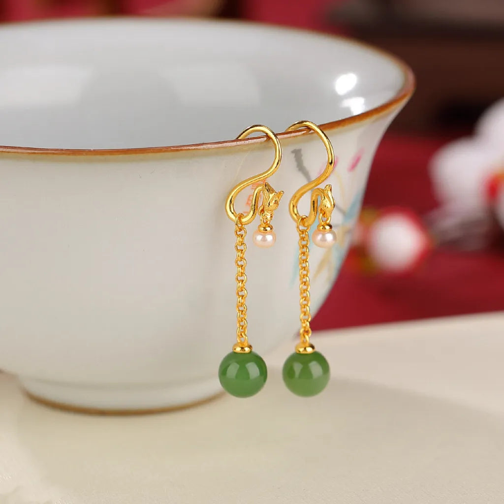 Jade Earrings "Serene Treasure" Gold-Plated Silver