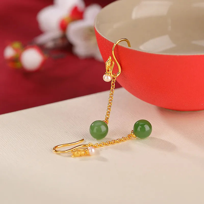 Jade Earrings "Serene Treasure" Gold-Plated Silver