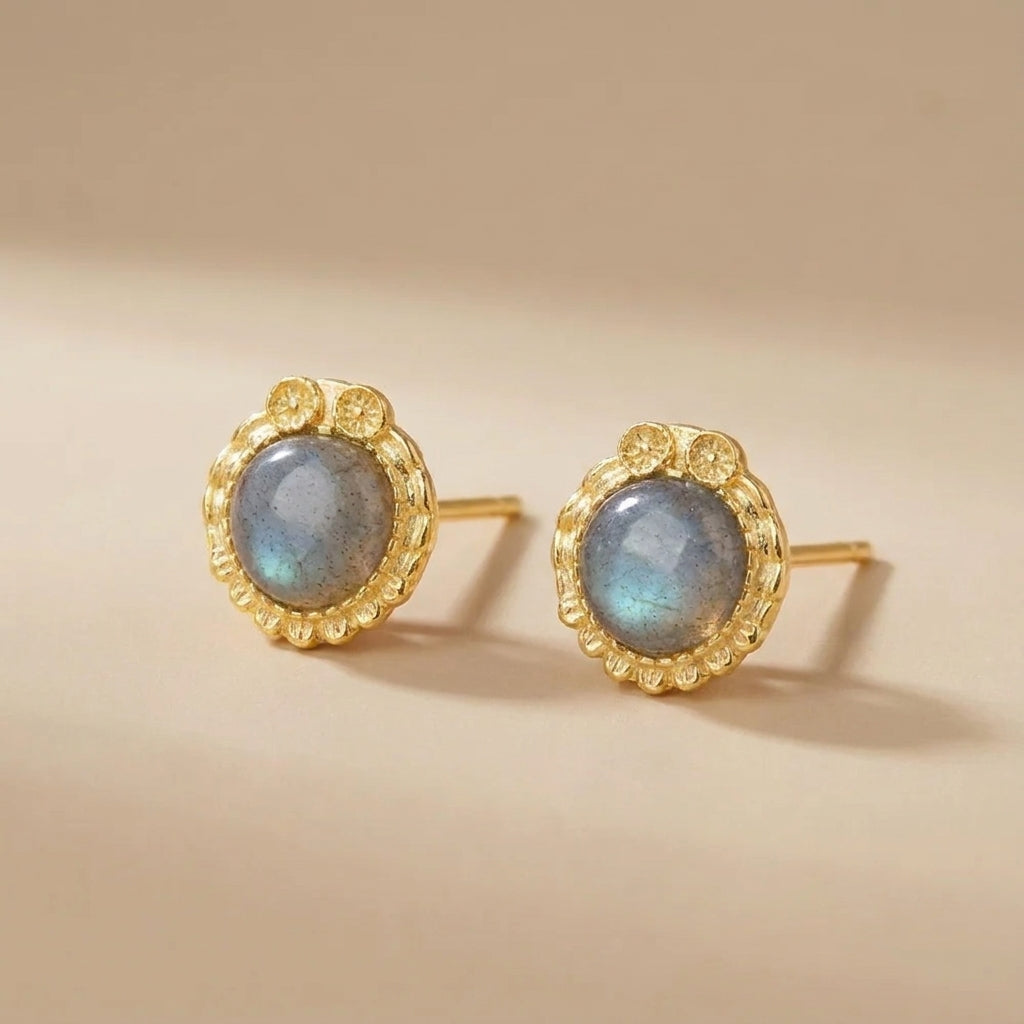 Boucles d'Oreilles Labradorite "Reflets Antiques" Argent Doré Or @main