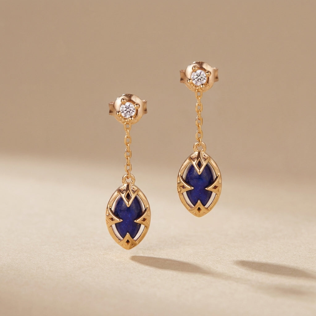 Boucles d'Oreilles Lapis Lazuli et Quartz Clair "Sérénité Marine" Argent Doré Or @main
