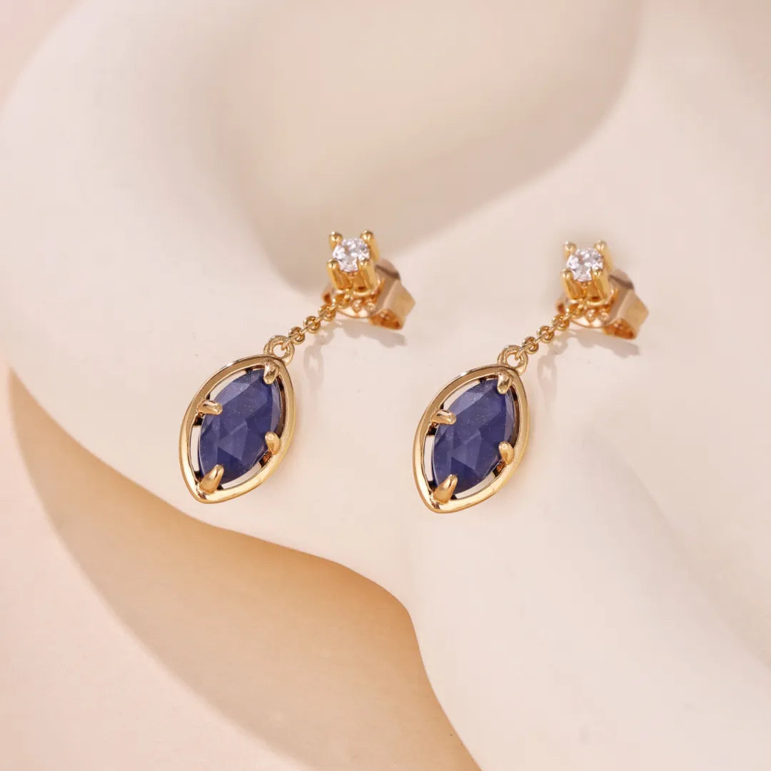 Boucles d'Oreilles Lapis Lazuli et Quartz Clair "Sérénité Marine" Argent Doré Or