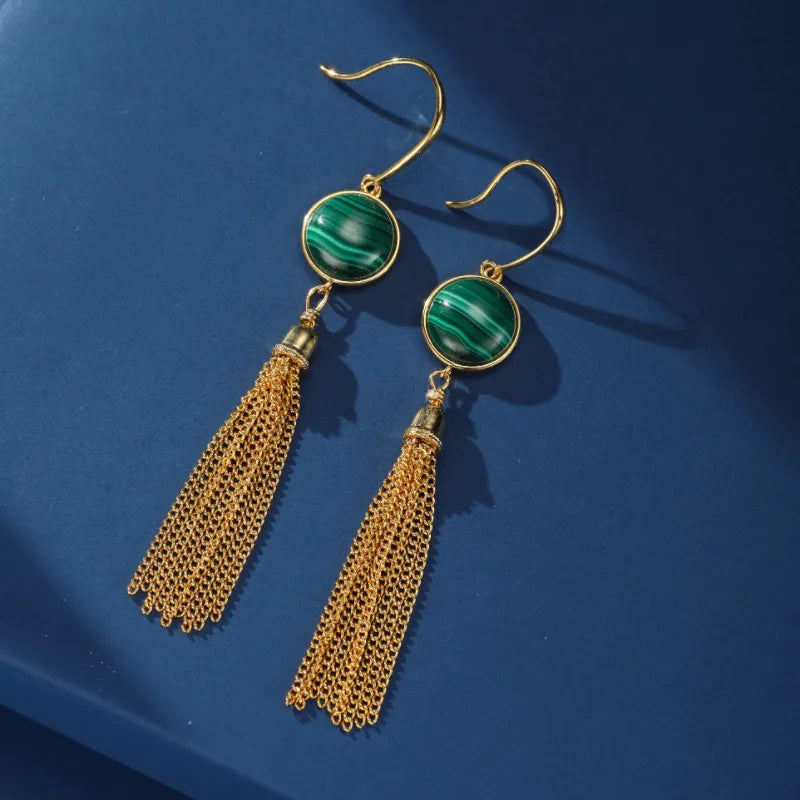 Boucles d’Oreilles Malachite ''Cascade d'Or'' Argent Plaqué Or