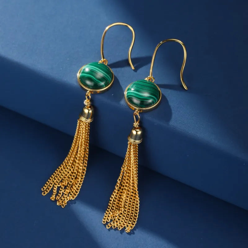 Boucles d’Oreilles Malachite ''Cascade d'Or'' Argent Plaqué Or