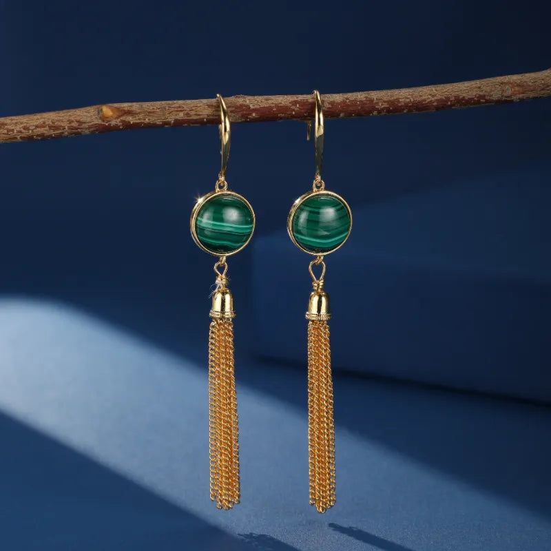 Boucles d’Oreilles Malachite ''Cascade d'Or'' Argent Plaqué Or