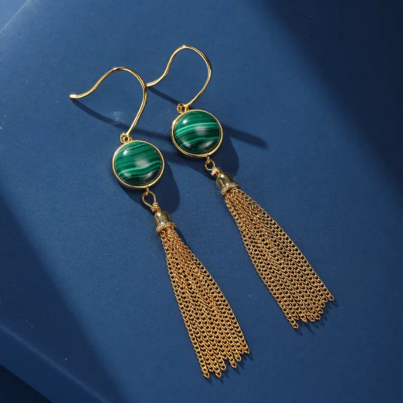 Boucles d’Oreilles Malachite ''Cascade d'Or'' Argent Plaqué Or