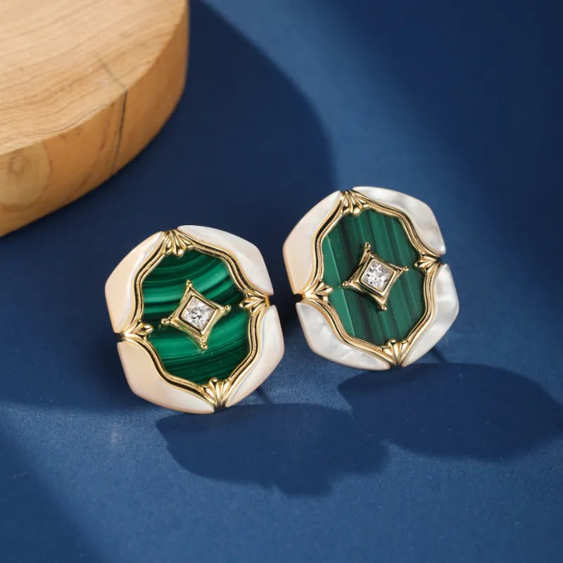 Malachite and Mother-of-Pearl Earrings "Pearlescent Nebula" Gold-Plated Silver