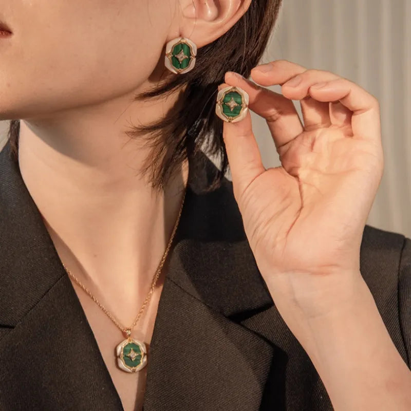 Malachite and Mother-of-Pearl Earrings "Pearlescent Nebula" Gold-Plated Silver