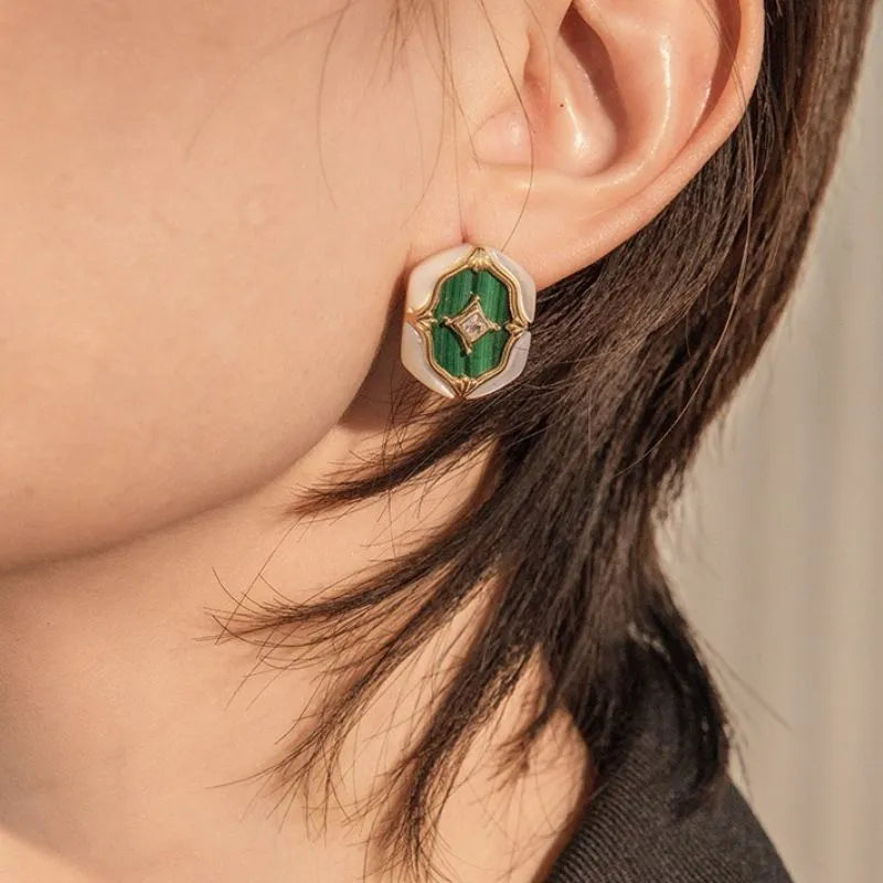 Malachite and Mother-of-Pearl Earrings "Pearlescent Nebula" Gold-Plated Silver