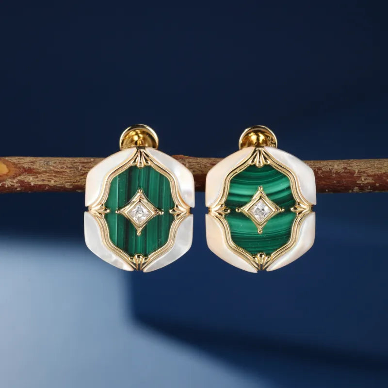 Malachite and Mother-of-Pearl Earrings "Pearlescent Nebula" Gold-Plated Silver