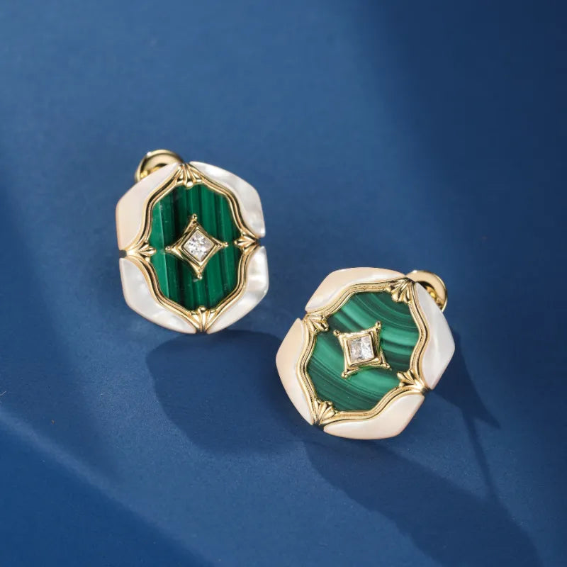 Malachite and Mother-of-Pearl Earrings "Pearlescent Nebula" Gold-Plated Silver