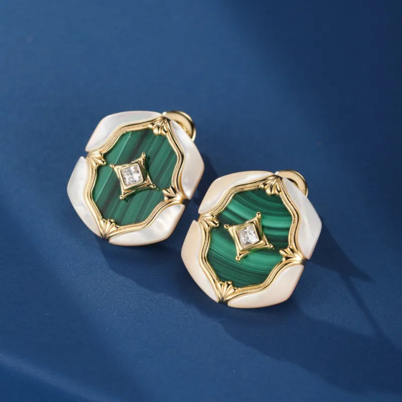 Malachite and Mother-of-Pearl Earrings "Pearlescent Nebula" Gold-Plated Silver