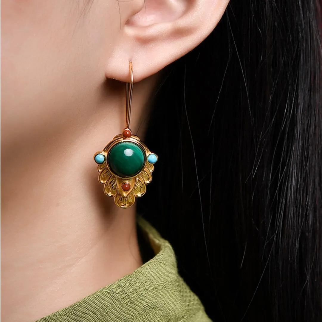 Malachite Earrings "Gold Leaf" Gold-Plated Silver