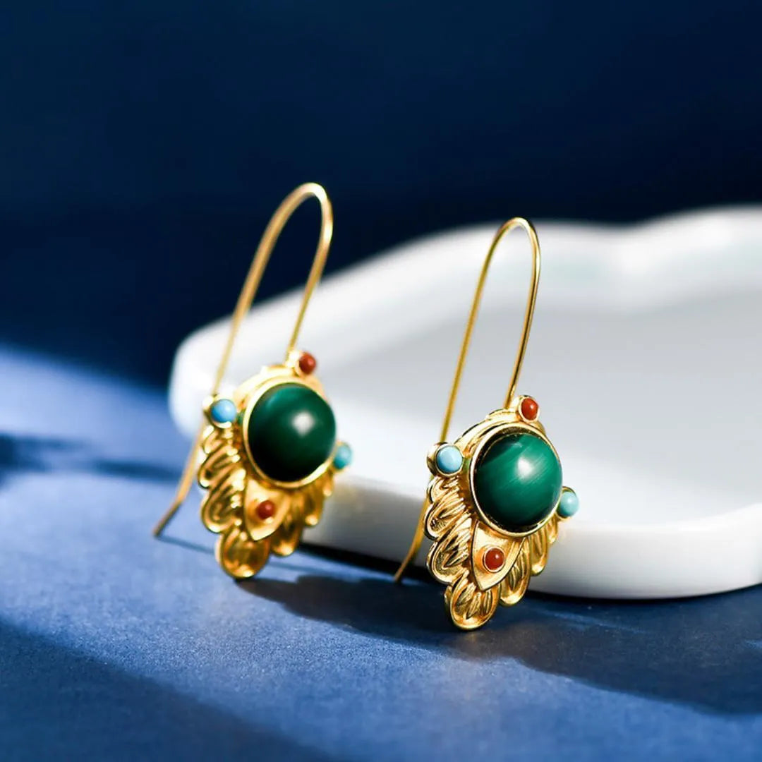 Malachite Earrings "Gold Leaf" Gold-Plated Silver