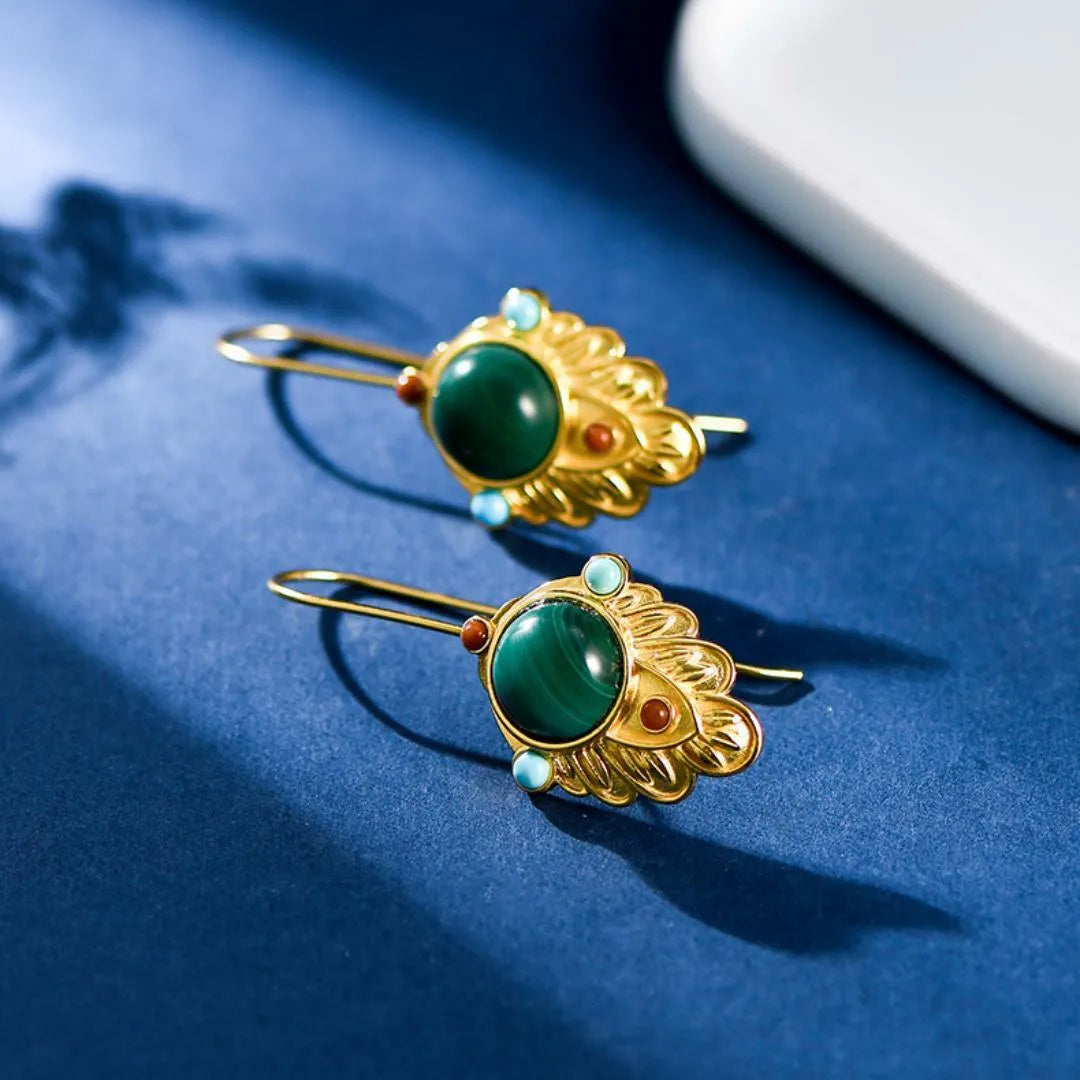 Malachite Earrings "Gold Leaf" Gold-Plated Silver