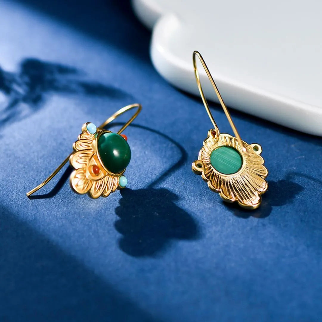 Malachite Earrings "Gold Leaf" Gold-Plated Silver