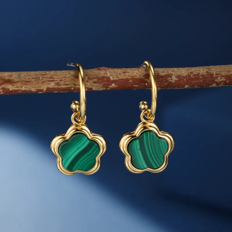 Boucles d’Oreilles Malachite "Fleur de Grâce" Argent Plaqué Or