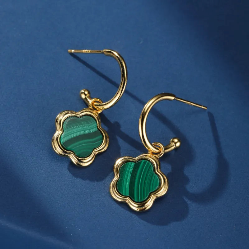 Malachite Earrings "Flower of Grace" Gold Plated Silver