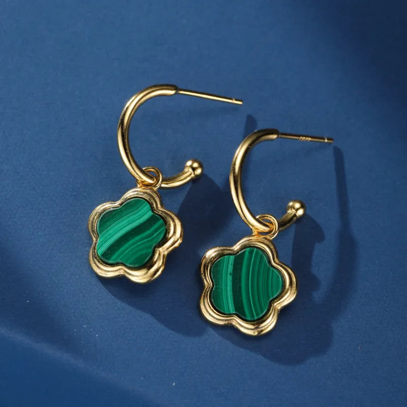 Boucles d’Oreilles Malachite "Fleur de Grâce" Argent Plaqué Or